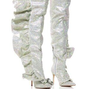 AZALEA WANG " FOREVER FLAUNTING "SILVER RUFFLE RHINESTONE BOOT( BRAND NEW !!!!!!